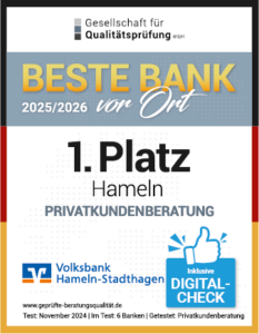 Auszeichnung Beste Bank vor Ort 2025/2026 – 1. Platz in Hameln für Privatkundenberatung, inklusive Digital-Check